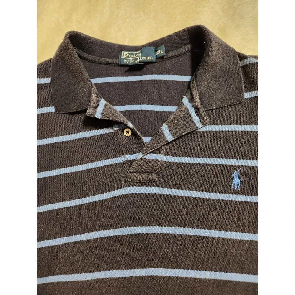 VINTAGE Polo Ralph Lauren Polo Golf Shirt Men 2XL XXL Blue Stripe 100% Cotton